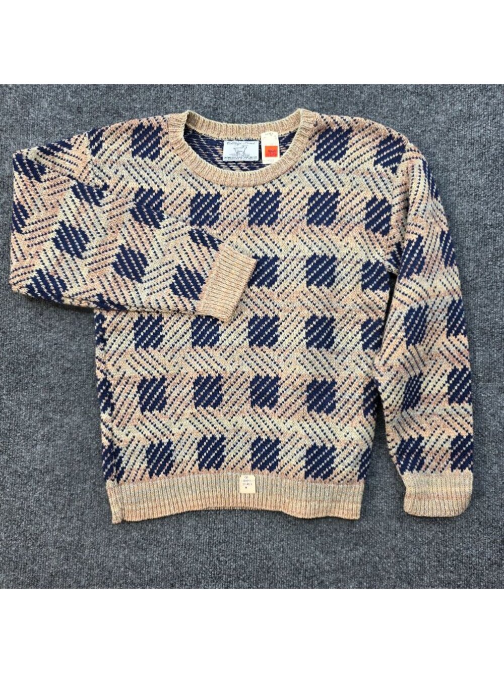 Vintage 90s College Point Geometric Sweater M Beige Navy USA Retro Preppy Ivy
